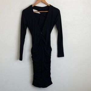 Black Ruched V-Neck Long Sleeve Dress